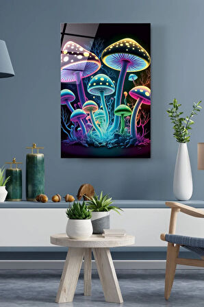 Neon Mantarlar Cam Tablo, Dekoratif Cam Tablo