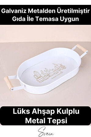 Lüks Ahşap Kulplu Geniş Metal Oval Krem Renk Servis Sunum Tepsi Sweet Home Yazılı Dekoratif Modern