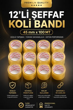 (12 ADET) Şeffaf Koli Bandı 45 mm x 100 METRE Güçlü Yapışkanlı Paketleme Bantı Bantları Kopmayan