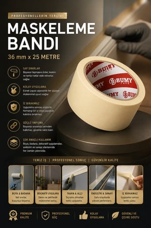 Maskeleme Boya Bandı 36 mm x 25 METRE İz Bırakmayan Dekoratif Kağıt Bantı Bantları