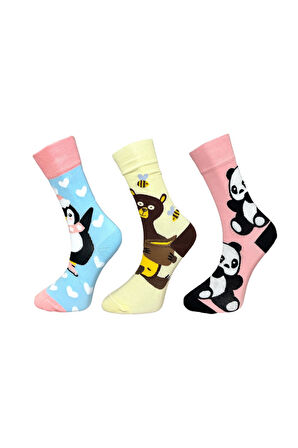 3'lü Unısex Sevimli Hayvan Temalı  Penguen, Ayı ve Panda Desenli Esnek Nem Alabilen Pamuklu Spor Soket Çoraplar