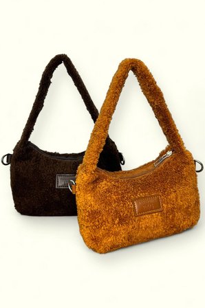 Kadın Peluş Tüylü Deri Zincir Örgü Omuz Askılı Mini Baget El ve Omuz Çantası