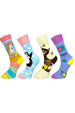 4'lü Unısex Unicorn, Penguen, Ayı ve Müzik Temalı Esnek Nem Alabilen Pamuklu Spor Soket Çoraplar