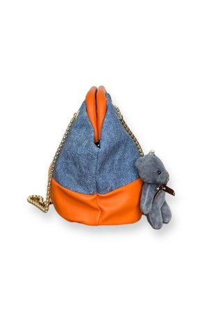 Ayıcık Aksesuarlı Turuncu Renkli Denim Desenli Omuz Çantası