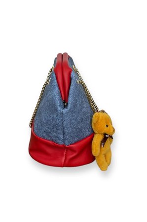Ayıcık Aksesuarlı Kırmızı Renkli Denim Desenli Omuz Çantası