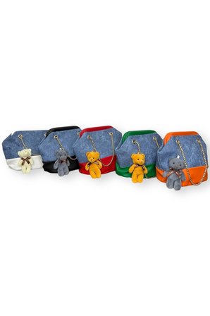 Ayıcık Aksesuarlı Kırmızı Renkli Denim Desenli Omuz Çantası
