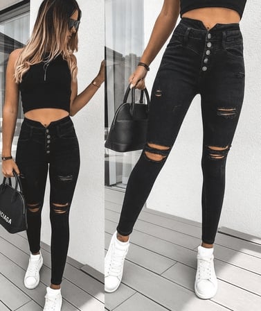 twomeey Yüksek Bel Çok Düğmeli Ve Yırtık Detaylı Kot Pantolon Jean