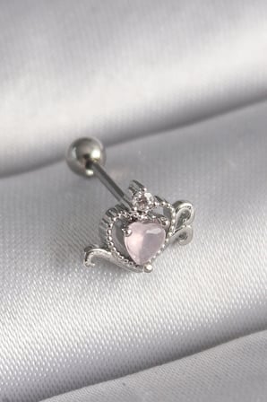 Mey İthalat® 316L Çelik Gümüş Renk Pembe Mineli Kalp Zirkon Taş Detay Tragus Piercing