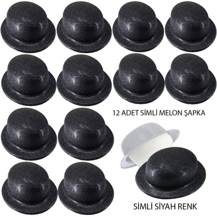 Mey İthalat® Siyah Renk Simli Melon Yuvarlak Parti Şapkası 12 Adet
