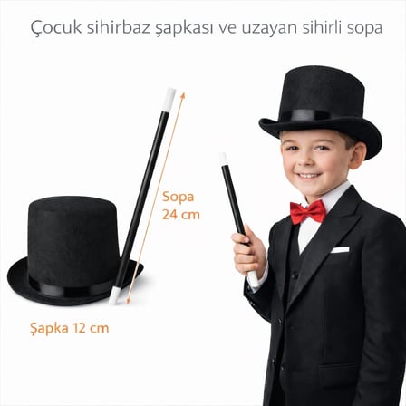 Mey İthalat® Çocuk Sihirbaz Şapkası Ve Uzayan Yaylı Sihirli Sopa Seti