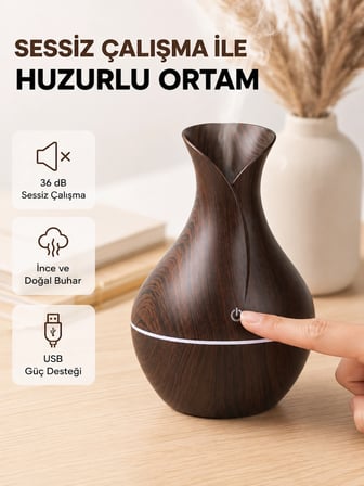 Mey İthalat® Ahşap Desenli Aromaterapi Difüzör 130 Ml Ultrasonik Ve 7 Renk Led Işıklı