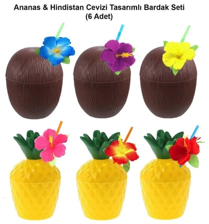 Mey İthalat® Ananas&Hindistan Cevizi Tasarımlı Pipetli Bardak Seti (6 Adet)