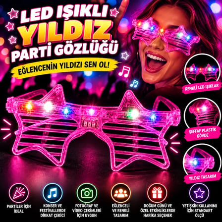 Mey İthalat® Pembe Led Işıklı Yıldız Parti Gözlüğü