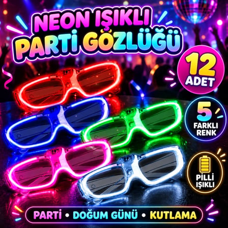Mey İthalat® Neon Işıklı Parti Gözlüğü Pilli – 12’Li Paket 5 Renk