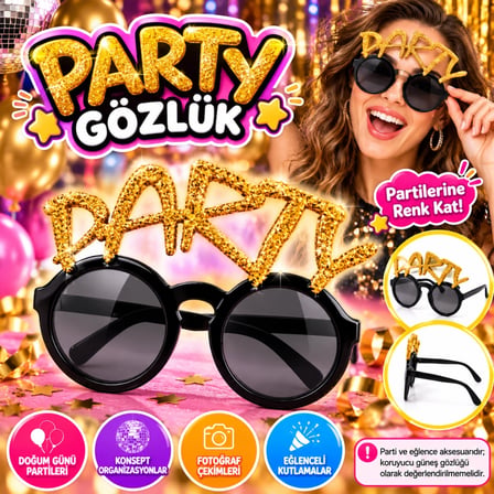 Mey İthalat® Altın Simli Party Yazılı Parti Gözlüğü