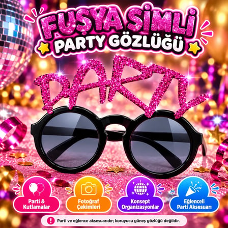 Mey İthalat® Fuşya Simli Party Yazılı Parti Gözlüğü