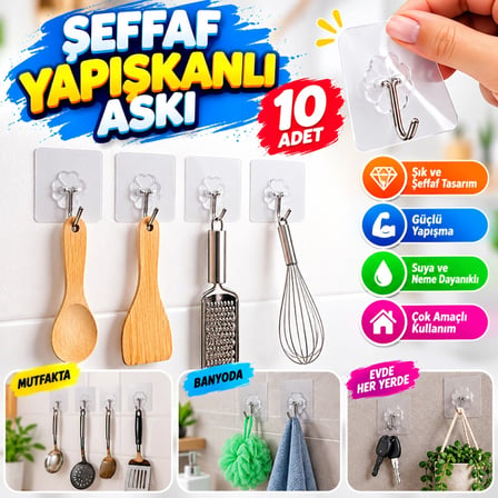 Mey İthalat® 10 Adet Kendinden Yapışkanlı Şeffaf Askı