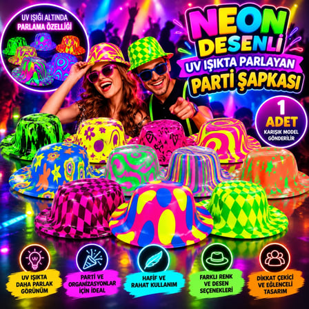 Mey İthalat® Neon Desenli Uv Işıkta Parlayan Parti Şapkası – Karışık 1 Adet