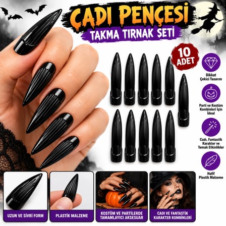 Mey İthalat® Siyah Plastik Cadı Takma Tırnak 10’Lu Set