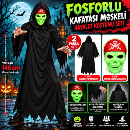 Mey İthalat® Fosforlu Kafatası Maskeli Siyah Hayalet Kostümü – 140 Cm