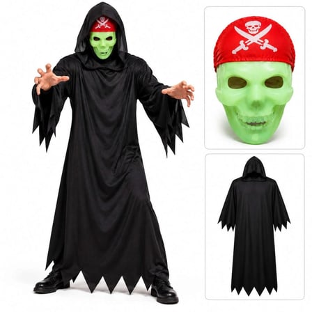 Mey İthalat® Fosforlu Kafatası Maskeli Siyah Hayalet Kostümü – 140 Cm