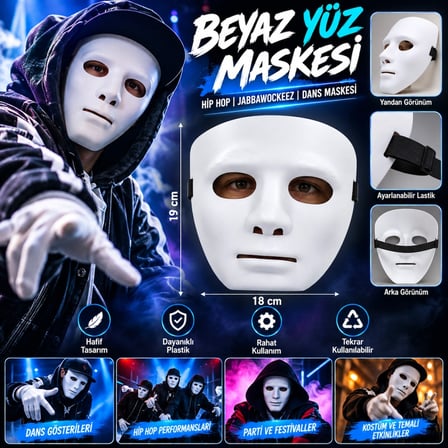 Mey İthalat® Beyaz Renk Hip Hop Anonim Jabbawockeez Dans Maskesi 18X19 Cm