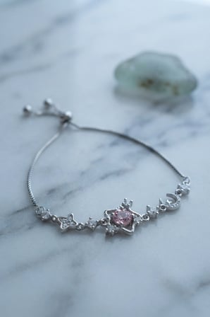 Mey İthalat® Pembe Taşlı Yıldız Model Gümüş Renk Zirkon Taşlı Asansörlü Bileklik