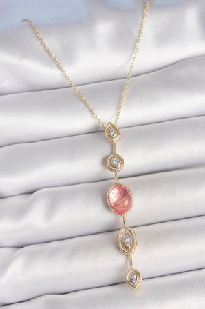 Mey İthalat® Pirinç Zincir Pembe Renk Zirkon Taşlı Y Kolye