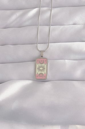 Mey İthalat® 316L Çelik Gümüş Renk Pembe Mineli Ay Figür Tarot Kolye