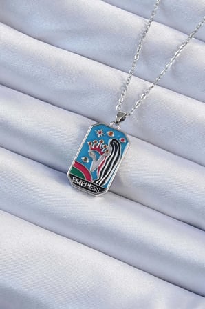 Mey İthalat® 316L Çelik Zincir Gümüş Renk Taç ve Kız Figürlü Renkli Mineli Tarot Kolye