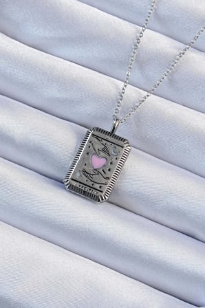 Mey İthalat® 316L Çelik Zincir Eskitme Gümüş Renk Pembe Mineli Kalp Figürlü Tarot Kolye