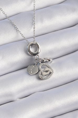 Mey İthalat® 316L Çelik Gümüş Renk Zirkon Taş Detay Kalp Model Charm Kadın Kolye
