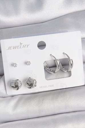 Mey İthalat® Pirinç Gümüş Renk Zirkon Taşlı Halka Model 3 Çift Kadın Küpe Seti