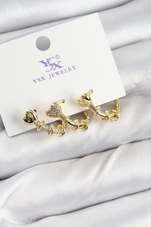 Mey İthalat® Pirinç Zİrkon Taşlı Kalp Model Renk 3'lü Kadın Küpe