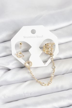 Mey İthalat® Uzay Model Pirinç Renk Zincir Bağlantılı Ear Cuff Küpe Seti