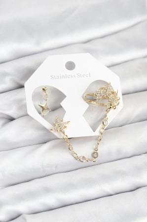 Mey İthalat® Kutup Yıldızı Model Pirinç Renk Zincir Bağlantılı Ear Cuff Küpe Seti