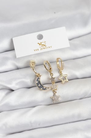 Mey İthalat® Pirinç Renk Zirkon Taşlı Ay ve Yıldız Model YSX Trio Küpe Seti