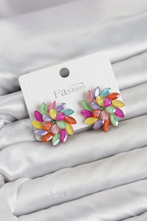 Mey İthalat® Karışık Renk Kristal Taşlı Çiçek Model Kadın Küpe