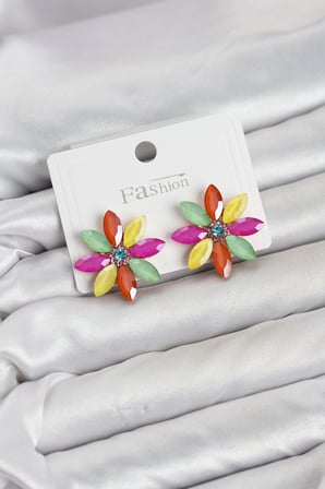 Mey İthalat® Karışık Renk Kristal Taşlı Lotus Çiçek Model Kadın Küpe