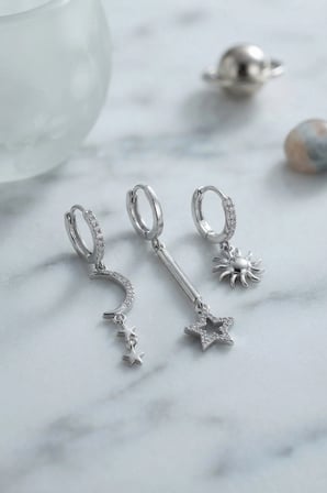 Mey İthalat® 3 lü Set Ay Yıldız ve Güneş Model Gümüş Renk Kadın Küpe