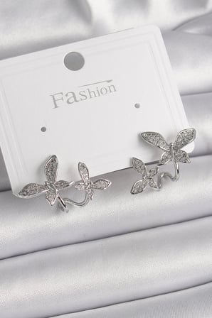 Mey İthalat® Pirinç Gümüş Renk Zirkon Taşlı Kelebek Model Kadın Küpe