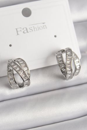 Mey İthalat® Pirinç Gümüş Renk Zirkon Taşlı Düğüm Halka Model Kadın Küpe