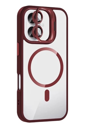 Mey İthalat® iPhone 16 Plus Remim Lensli Magsafe Standlı Kapak - Bordo