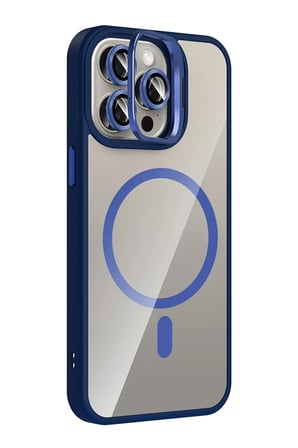 Mey İthalat® iPhone 15 Pro Max Remim Lensli Magsafe Standlı Kapak - Lacivert