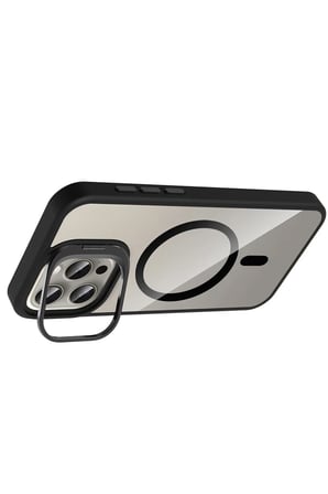 Mey İthalat® iPhone 15 Pro Max Remim Lensli Magsafe Standlı Kapak - Siyah