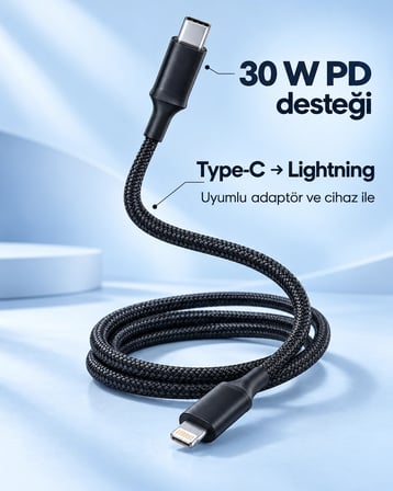 Mey İthalat® PD Hızlı Şarj Destekli LED Göstergeli Lightning Kablo