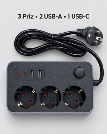 Mey İthalat® Elektrik ve Şarj Bağlantılarını Bir Arada Sunan USB ve Type C Çıkışlı Akım Korumalı Pri