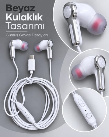 Mey İthalat® Gümüş Detaylı Silikon Başlıklı Type C Kablolu Kulaklık