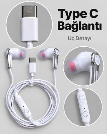 Mey İthalat® Kumandalı ve Silikon Başlıklı Beyaz Type C Kablolu Kulaklık