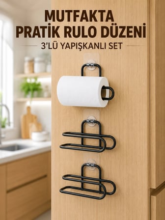 Mey İthalat® 3’lü Yapışkanlı WC Kağıtlığı Siyah Rulo Tutucu Banyo ve Mutfak Kullanımı